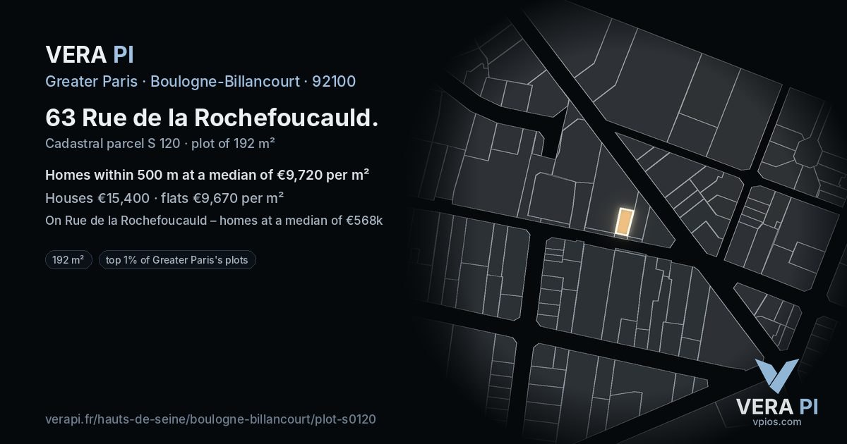 63 Rue de la Rochefoucauld, Boulogne-Billancourt at night – the plot lit, the parcels around coloured by the prices near them