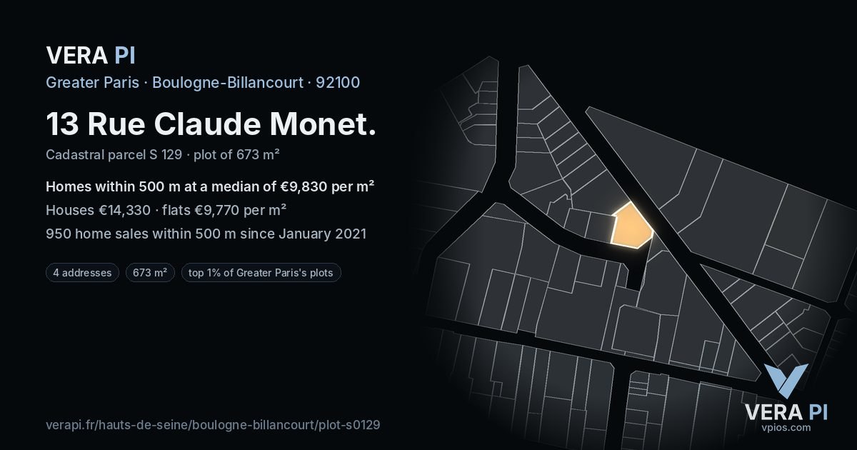13 Rue Claude Monet, Boulogne-Billancourt at night – the plot lit, the parcels around coloured by the prices near them