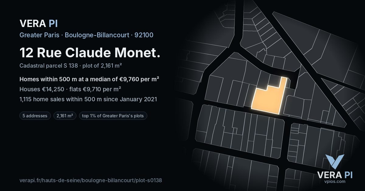 12 Rue Claude Monet, Boulogne-Billancourt at night – the plot lit, the parcels around coloured by the prices near them