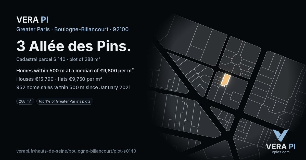 3 Allée des Pins, Boulogne-Billancourt at night – the plot lit, the parcels around coloured by the prices near them