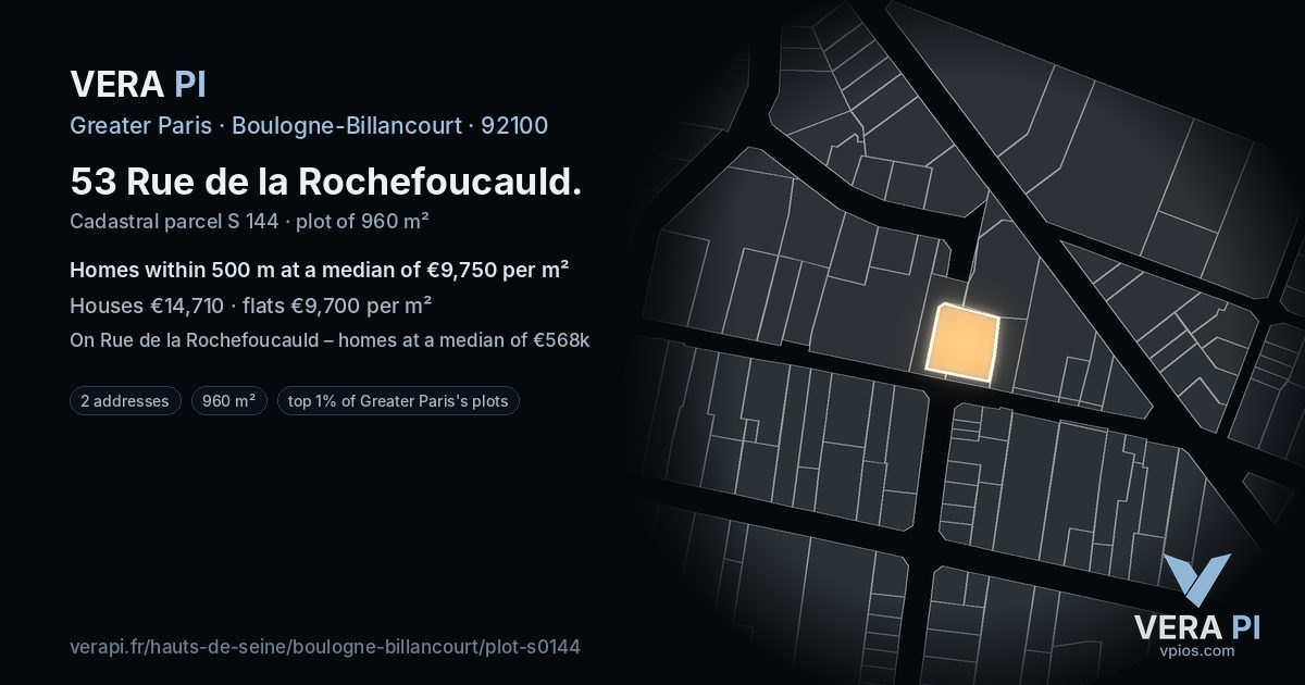 53 Rue de la Rochefoucauld, Boulogne-Billancourt at night – the plot lit, the parcels around coloured by the prices near them