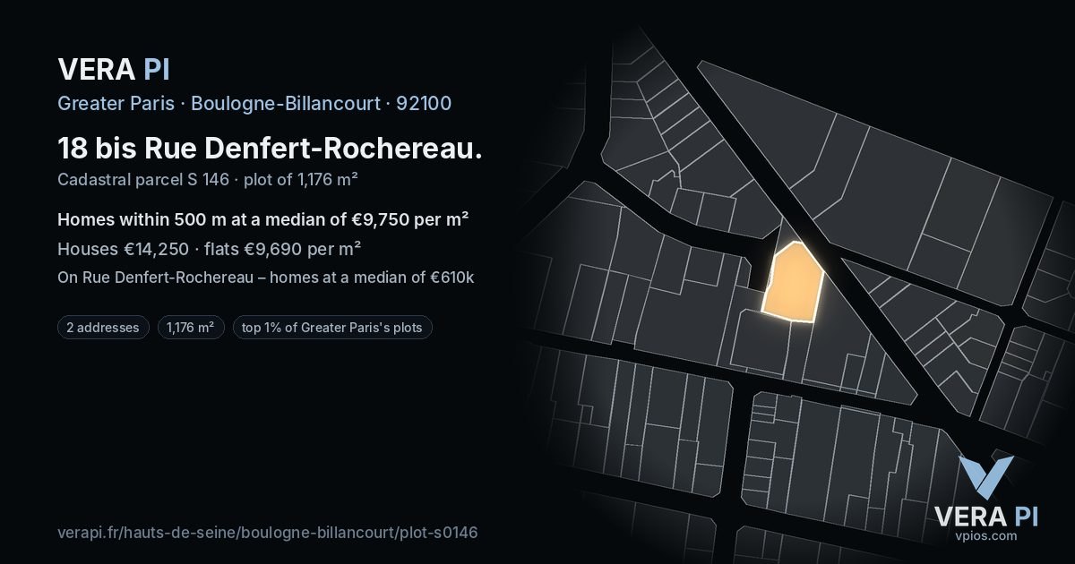 18 bis Rue Denfert-Rochereau, Boulogne-Billancourt at night – the plot lit, the parcels around coloured by the prices near them