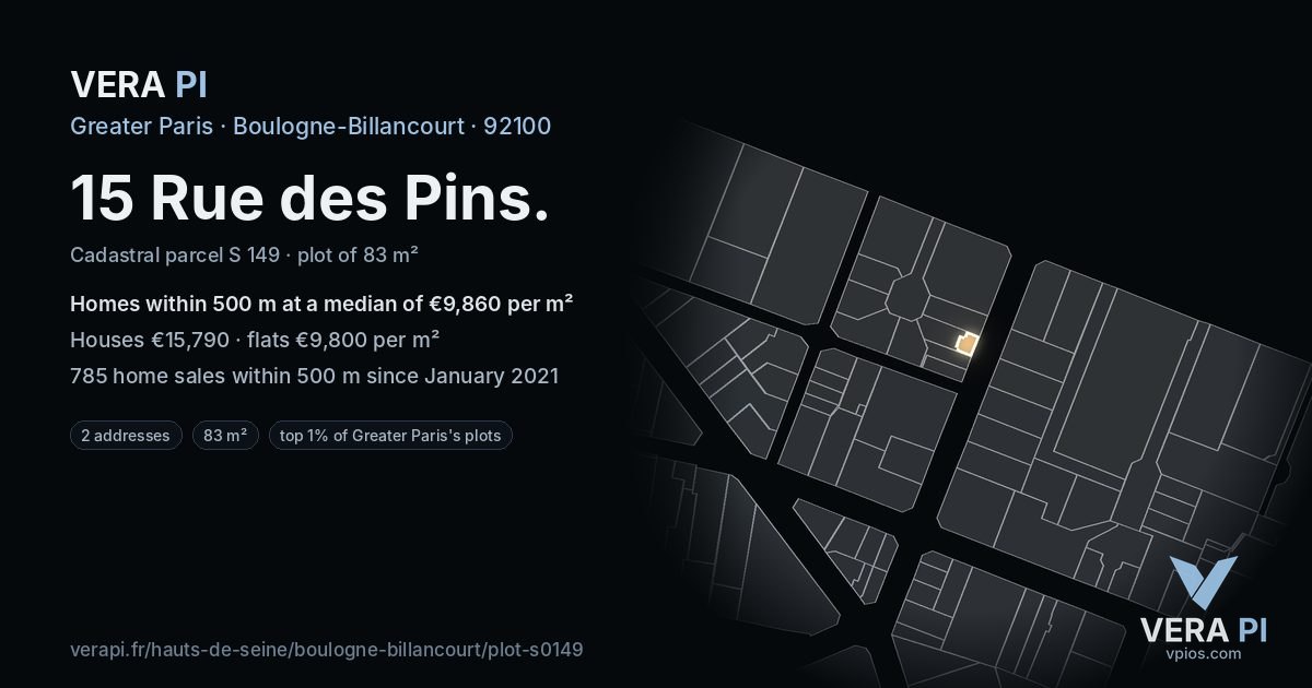 15 Rue des Pins, Boulogne-Billancourt at night – the plot lit, the parcels around coloured by the prices near them