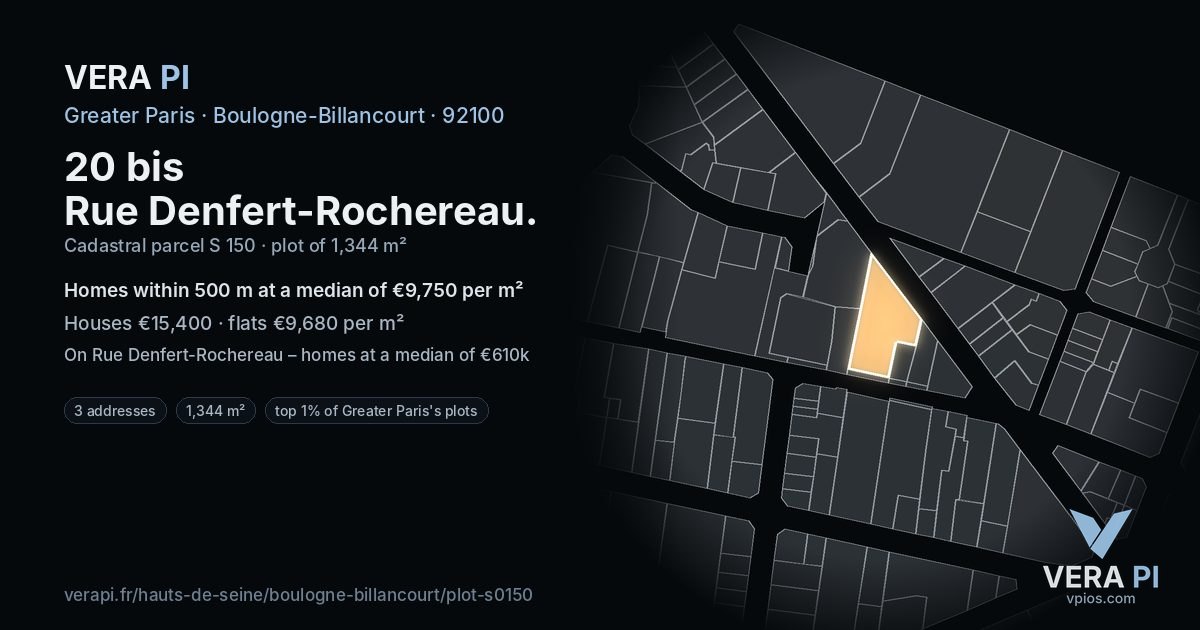 20 bis Rue Denfert-Rochereau, Boulogne-Billancourt at night – the plot lit, the parcels around coloured by the prices near them