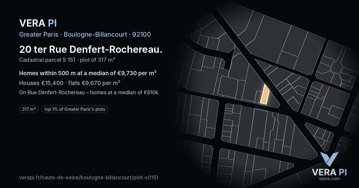 20 ter Rue Denfert-Rochereau, Boulogne-Billancourt at night – the plot lit, the parcels around coloured by the prices near them
