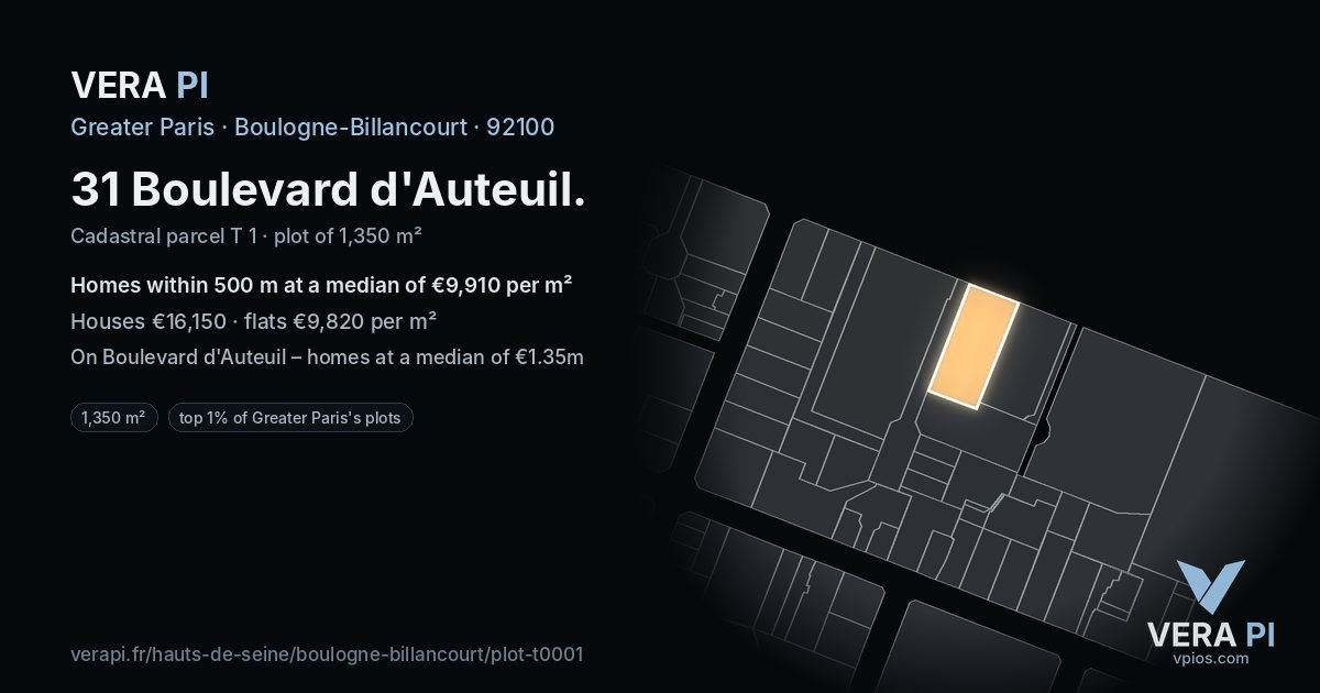 31 Boulevard d'Auteuil, Boulogne-Billancourt at night – the plot lit, the parcels around coloured by the prices near them