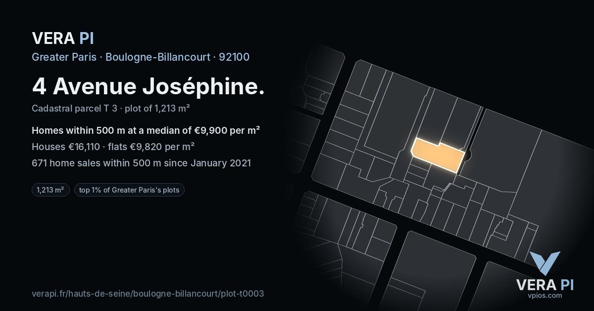4 Avenue Joséphine, Boulogne-Billancourt at night – the plot lit, the parcels around coloured by the prices near them