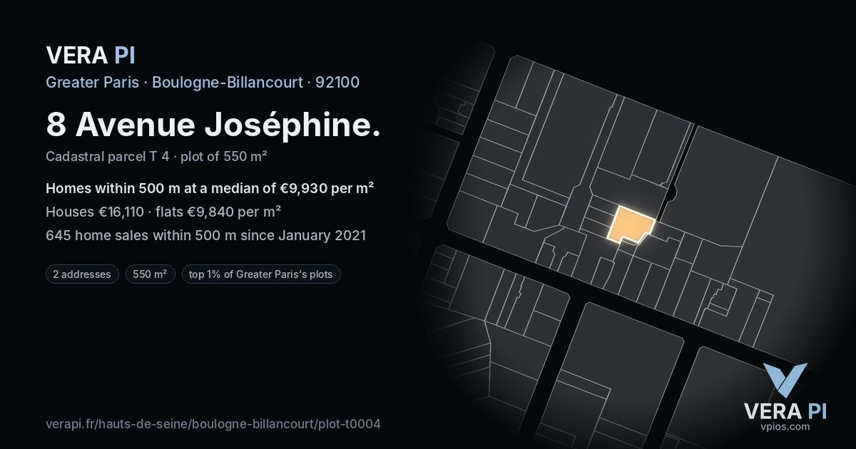 8 Avenue Joséphine, Boulogne-Billancourt at night – the plot lit, the parcels around coloured by the prices near them