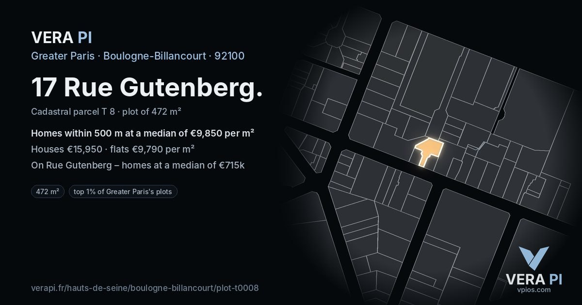 17 Rue Gutenberg, Boulogne-Billancourt at night – the plot lit, the parcels around coloured by the prices near them