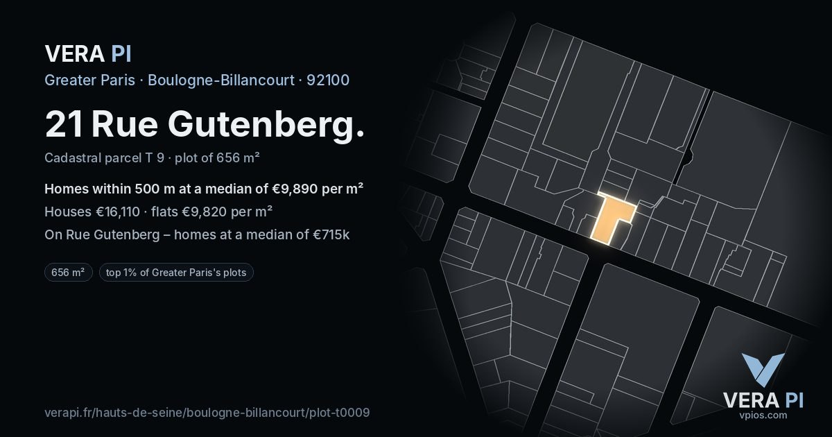 21 Rue Gutenberg, Boulogne-Billancourt at night – the plot lit, the parcels around coloured by the prices near them