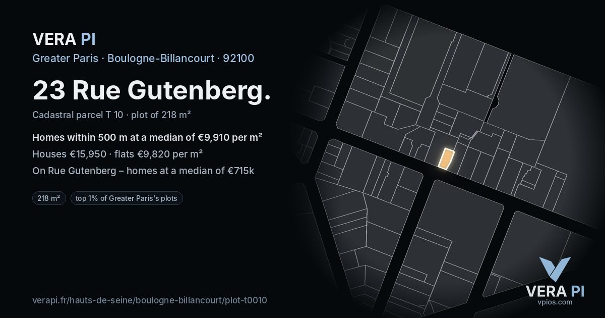 23 Rue Gutenberg, Boulogne-Billancourt at night – the plot lit, the parcels around coloured by the prices near them