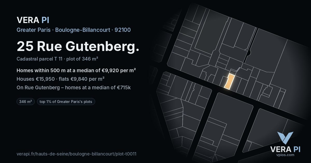25 Rue Gutenberg, Boulogne-Billancourt at night – the plot lit, the parcels around coloured by the prices near them