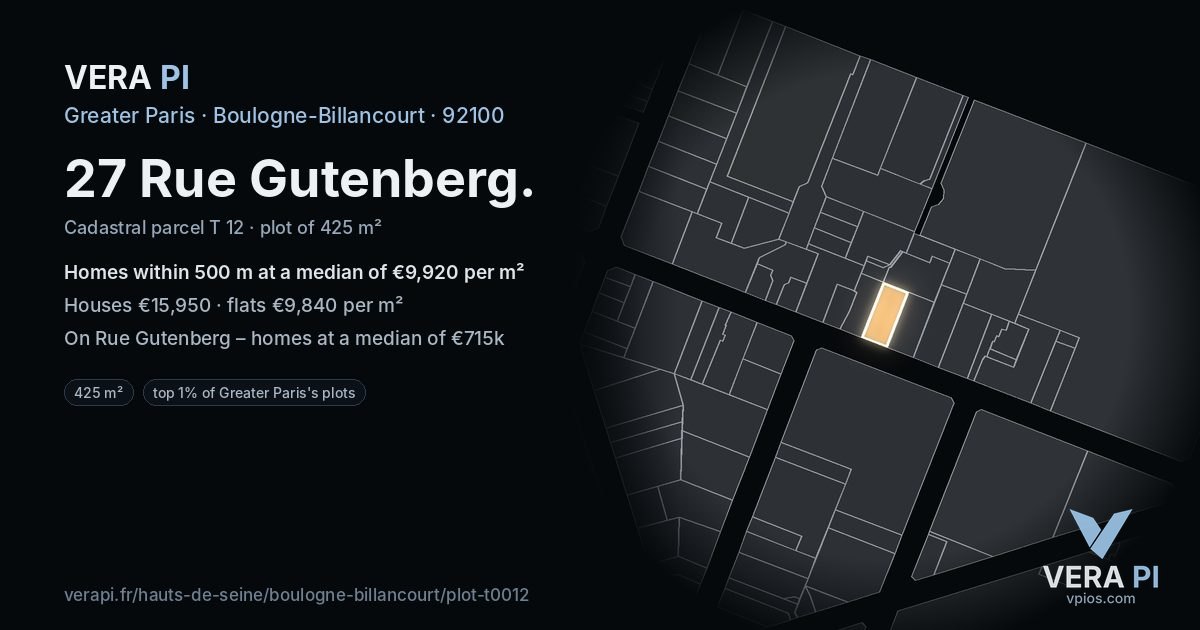 27 Rue Gutenberg, Boulogne-Billancourt at night – the plot lit, the parcels around coloured by the prices near them