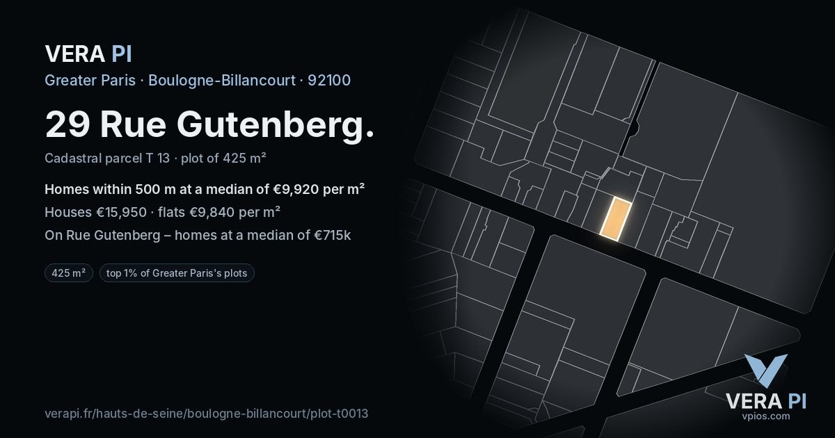 29 Rue Gutenberg, Boulogne-Billancourt at night – the plot lit, the parcels around coloured by the prices near them