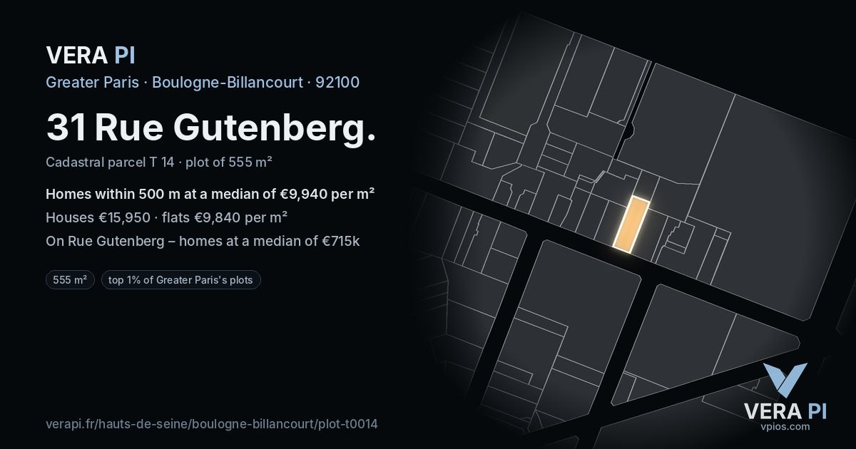 31 Rue Gutenberg, Boulogne-Billancourt at night – the plot lit, the parcels around coloured by the prices near them