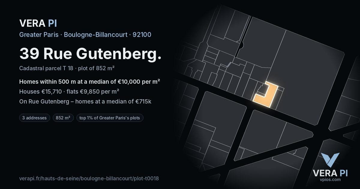39 Rue Gutenberg, Boulogne-Billancourt at night – the plot lit, the parcels around coloured by the prices near them