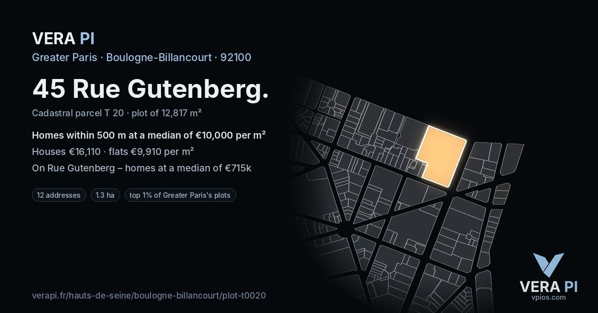 45 Rue Gutenberg, Boulogne-Billancourt at night – the plot lit, the parcels around coloured by the prices near them