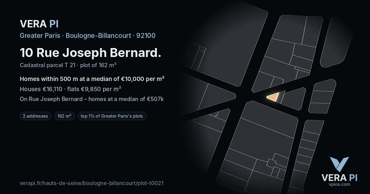 10 Rue Joseph Bernard, Boulogne-Billancourt at night – the plot lit, the parcels around coloured by the prices near them