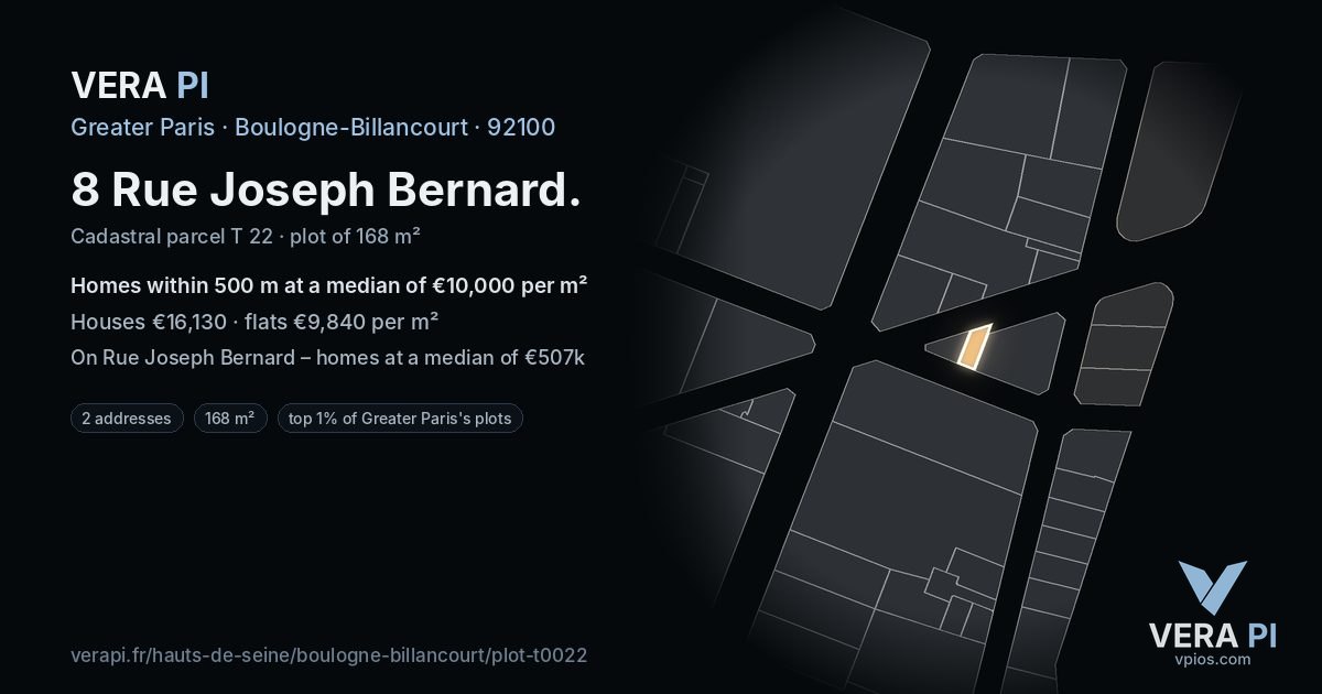 8 Rue Joseph Bernard, Boulogne-Billancourt at night – the plot lit, the parcels around coloured by the prices near them