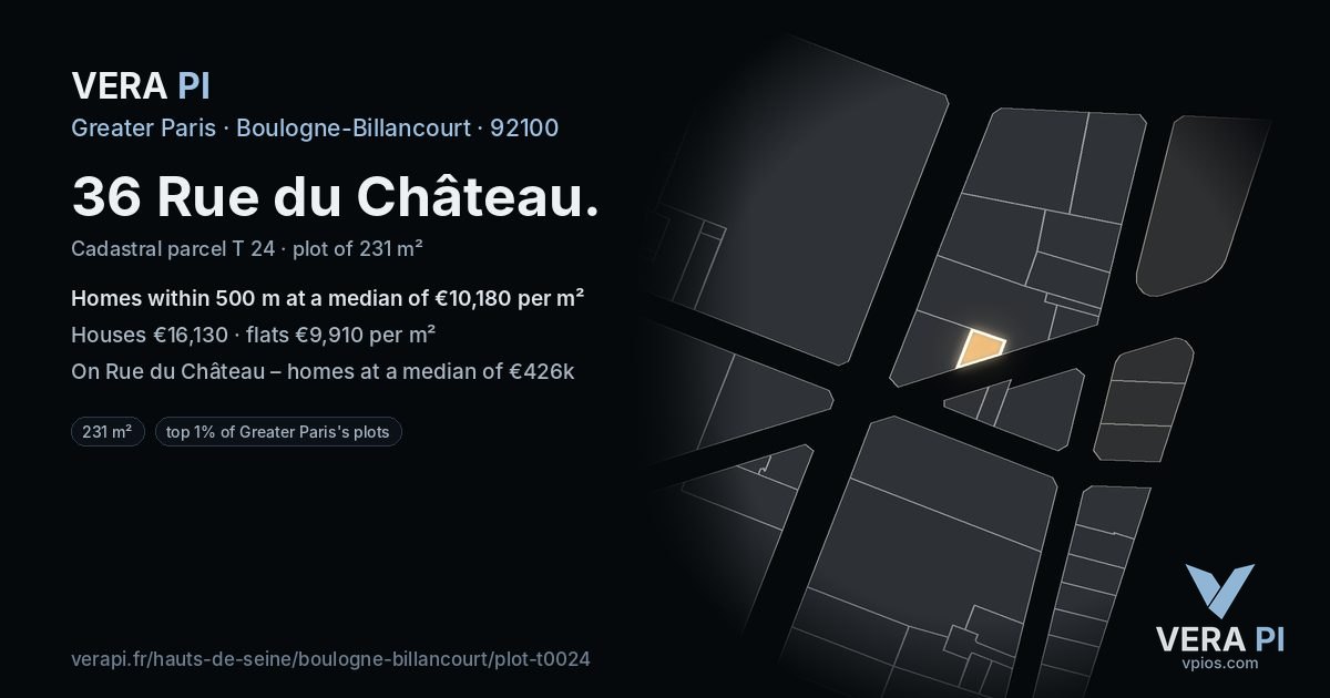 36 Rue du Château, Boulogne-Billancourt at night – the plot lit, the parcels around coloured by the prices near them