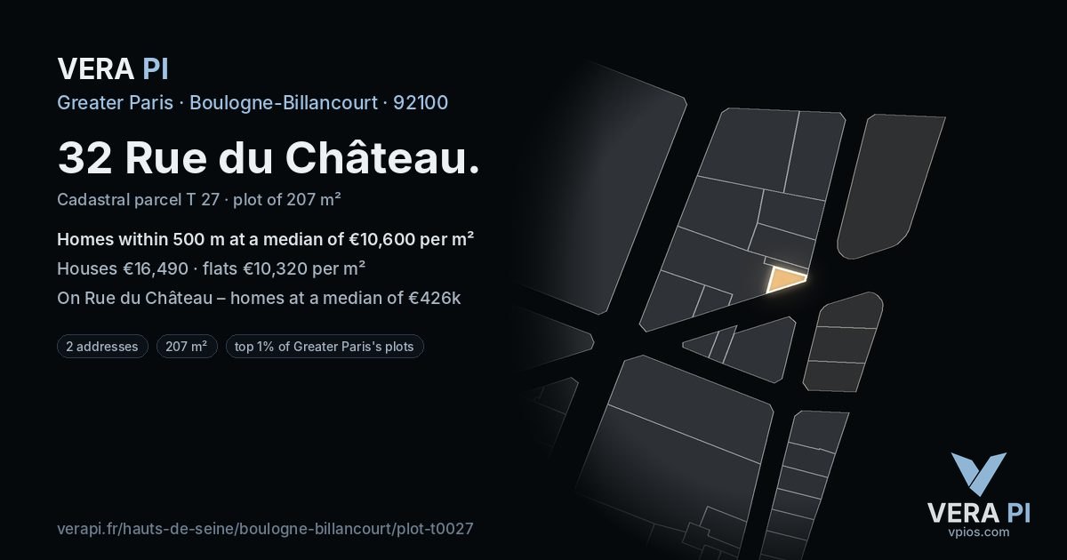32 Rue du Château, Boulogne-Billancourt at night – the plot lit, the parcels around coloured by the prices near them