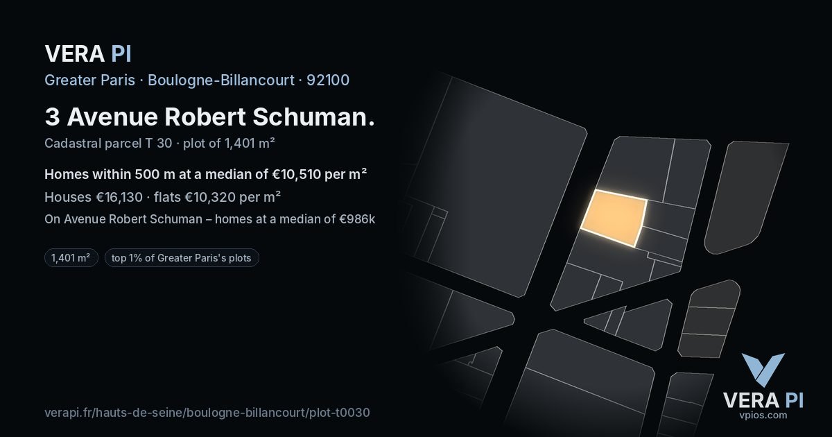 3 Avenue Robert Schuman, Boulogne-Billancourt at night – the plot lit, the parcels around coloured by the prices near them