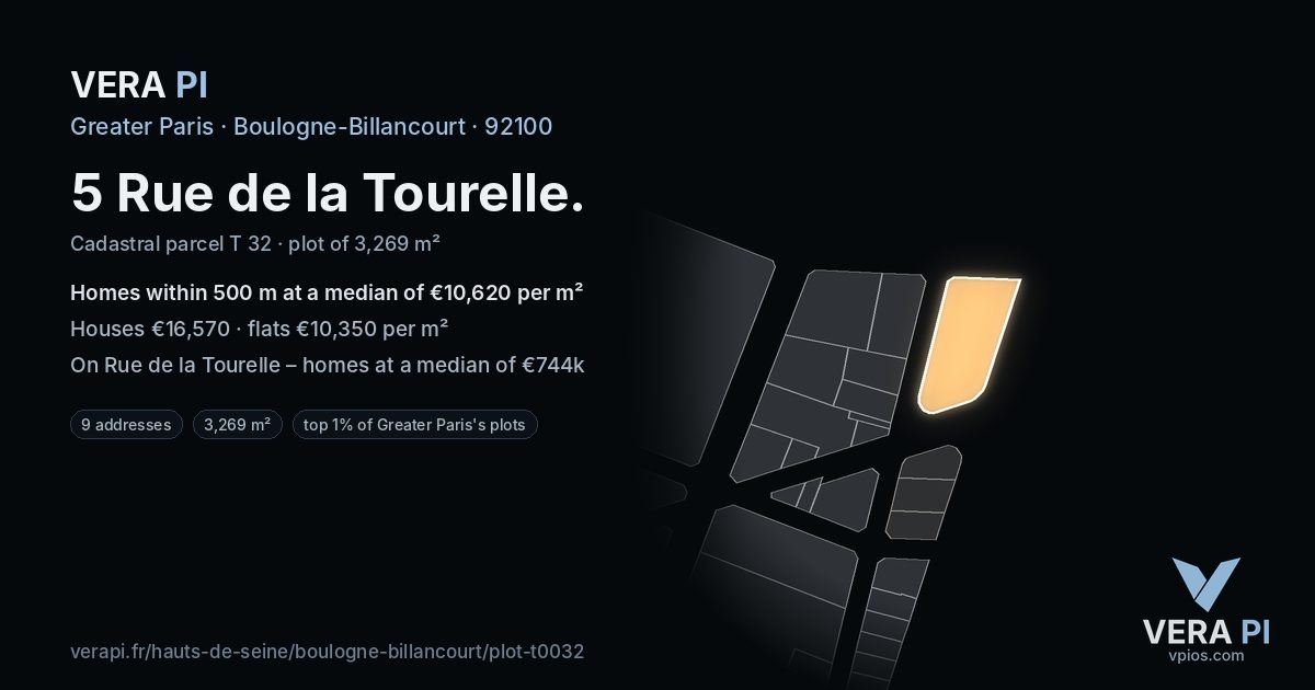5 Rue de la Tourelle, Boulogne-Billancourt at night – the plot lit, the parcels around coloured by the prices near them