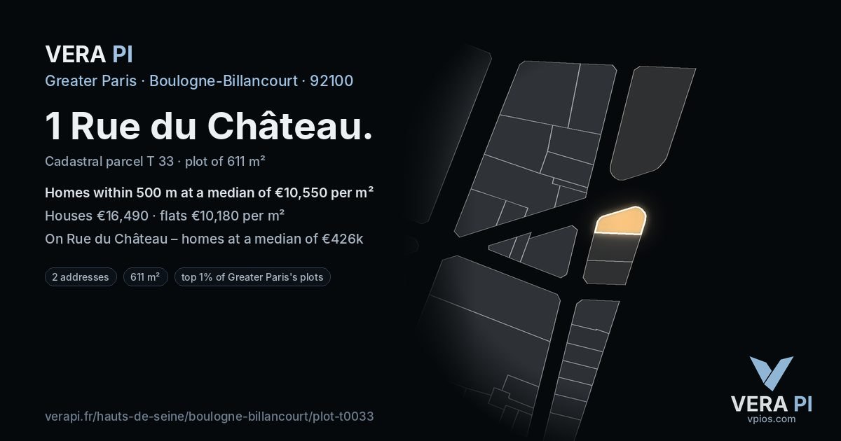 1 Rue du Château, Boulogne-Billancourt at night – the plot lit, the parcels around coloured by the prices near them