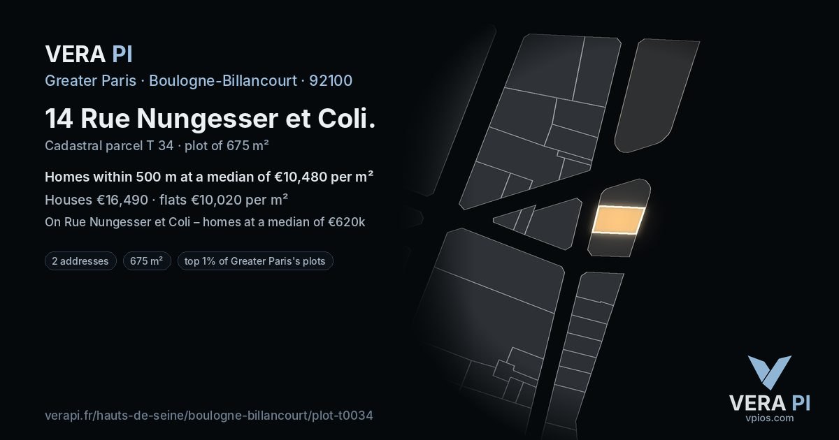 14 Rue Nungesser et Coli, Boulogne-Billancourt at night – the plot lit, the parcels around coloured by the prices near them