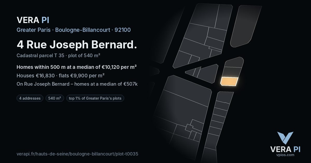 4 Rue Joseph Bernard, Boulogne-Billancourt at night – the plot lit, the parcels around coloured by the prices near them