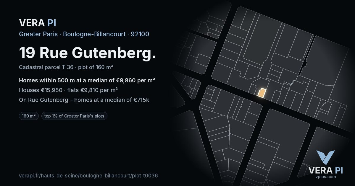 19 Rue Gutenberg, Boulogne-Billancourt at night – the plot lit, the parcels around coloured by the prices near them