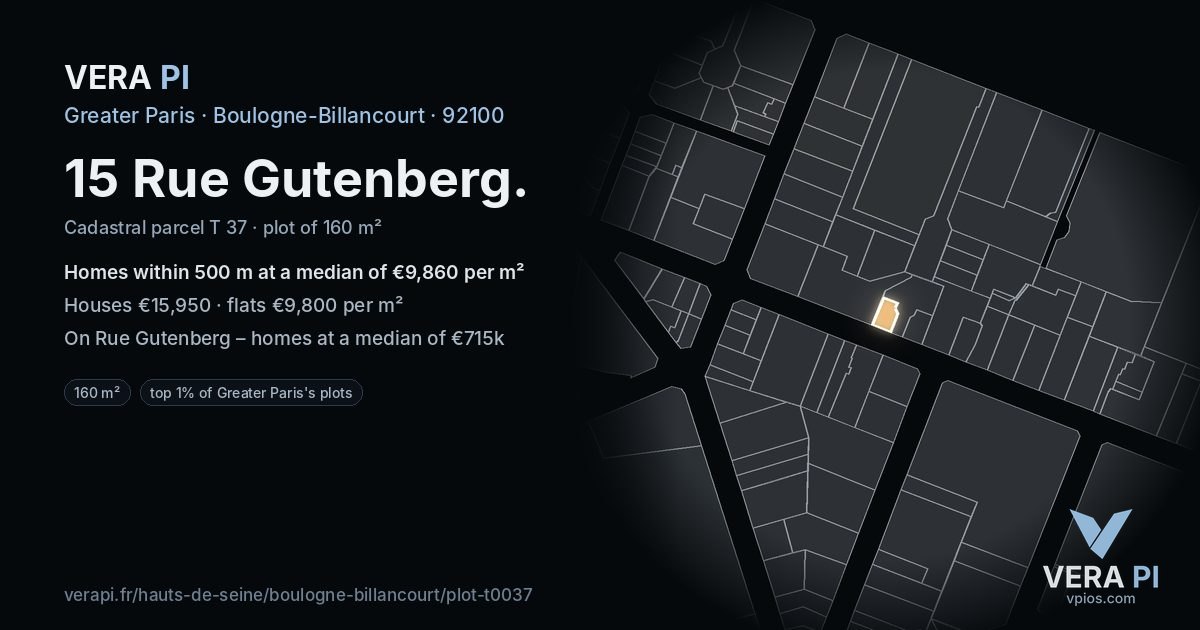 15 Rue Gutenberg, Boulogne-Billancourt at night – the plot lit, the parcels around coloured by the prices near them