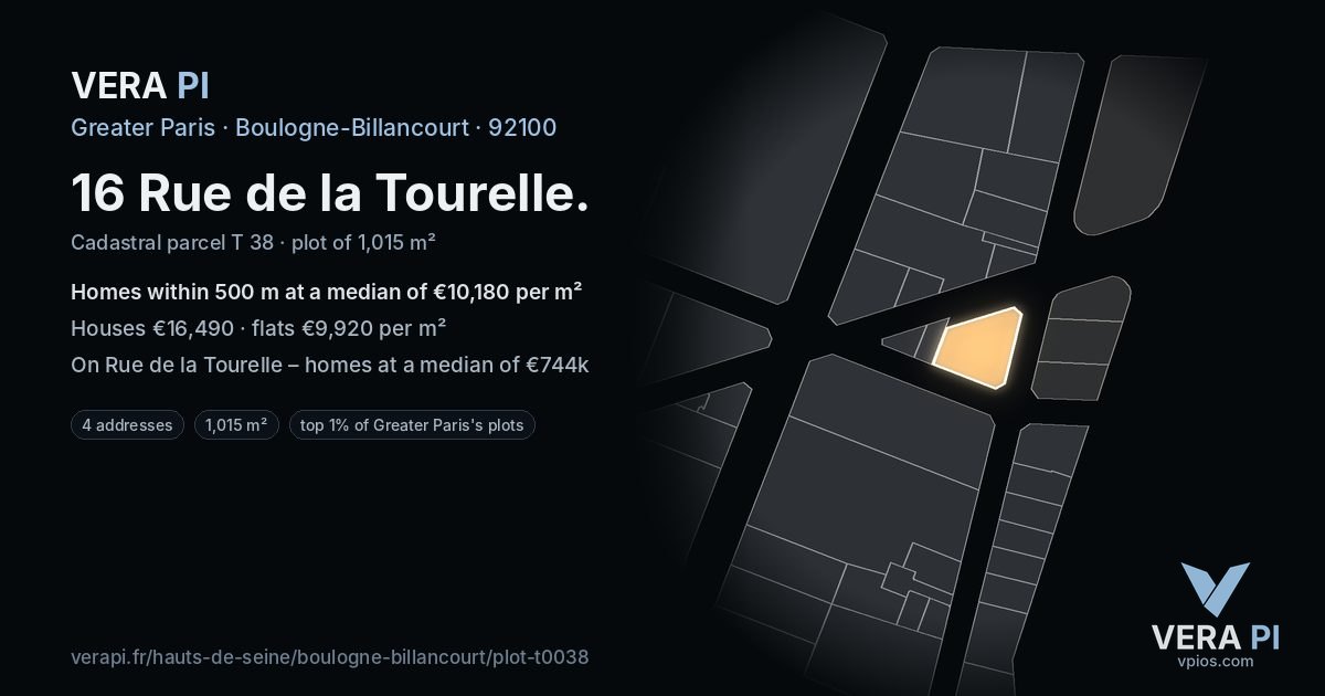 16 Rue de la Tourelle, Boulogne-Billancourt at night – the plot lit, the parcels around coloured by the prices near them