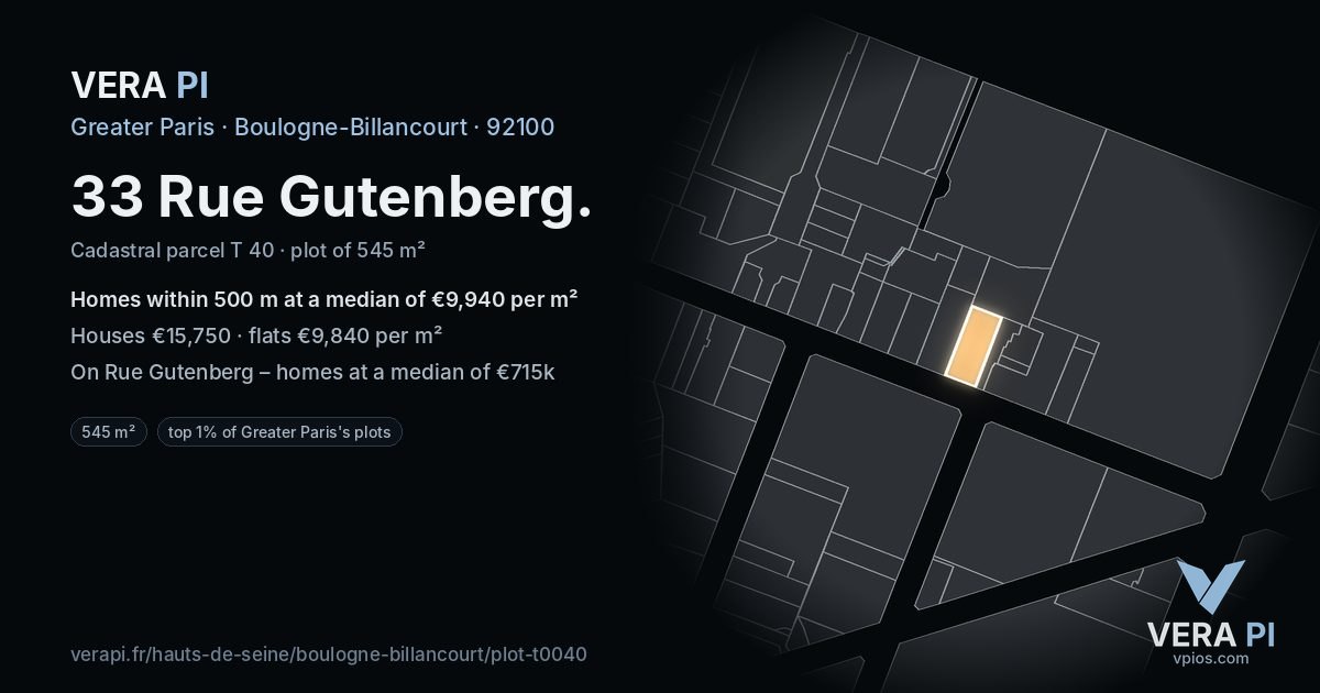 33 Rue Gutenberg, Boulogne-Billancourt at night – the plot lit, the parcels around coloured by the prices near them