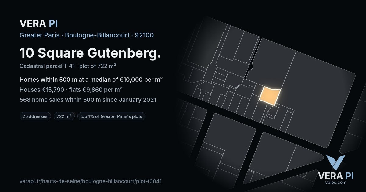 10 Square Gutenberg, Boulogne-Billancourt at night – the plot lit, the parcels around coloured by the prices near them