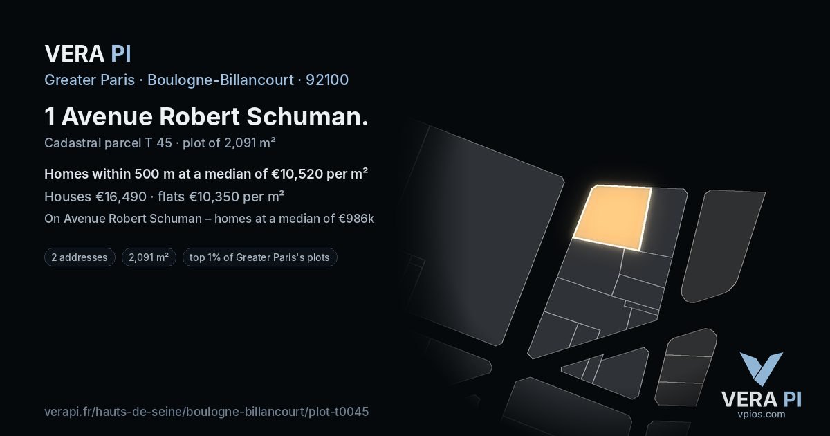 1 Avenue Robert Schuman, Boulogne-Billancourt at night – the plot lit, the parcels around coloured by the prices near them