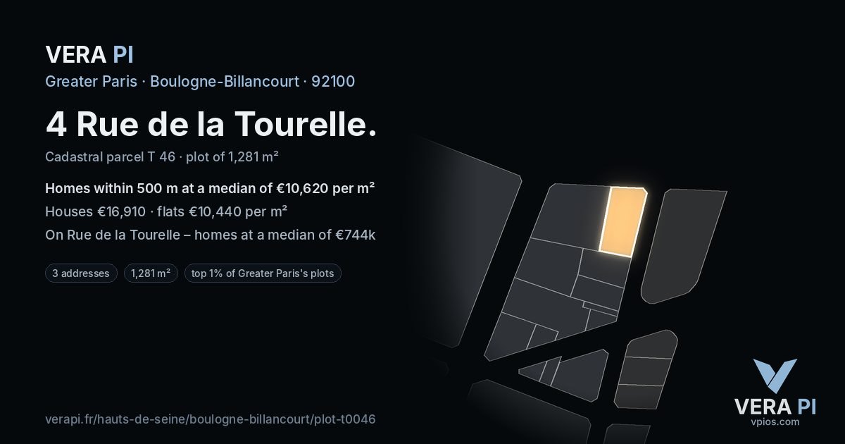 4 Rue de la Tourelle, Boulogne-Billancourt at night – the plot lit, the parcels around coloured by the prices near them