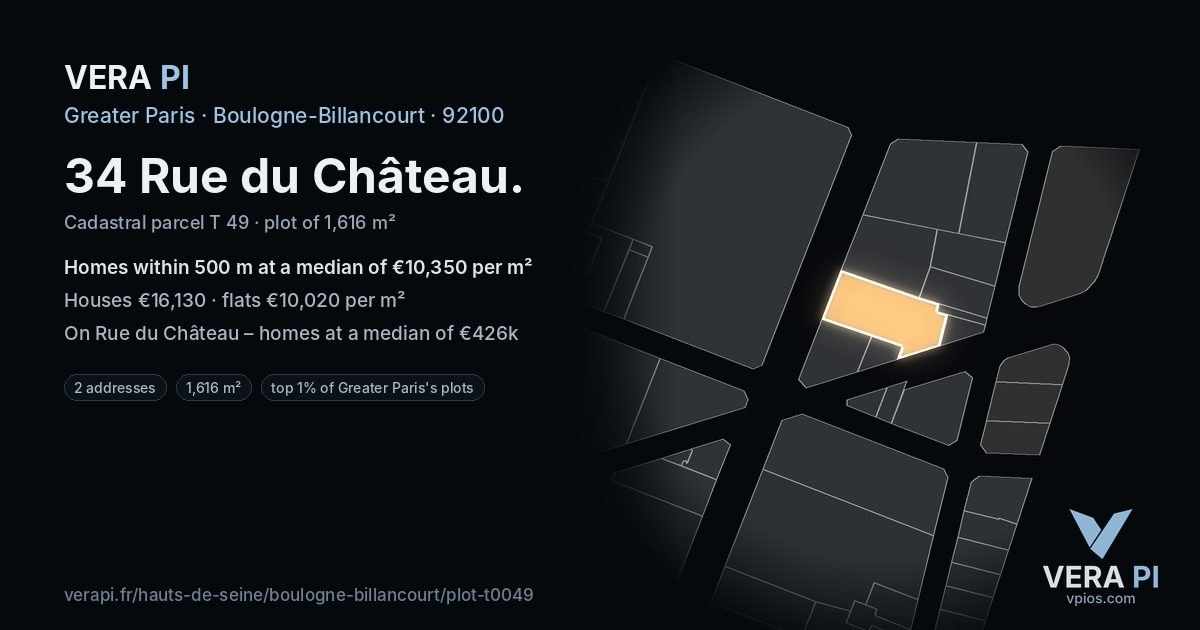 34 Rue du Château, Boulogne-Billancourt at night – the plot lit, the parcels around coloured by the prices near them