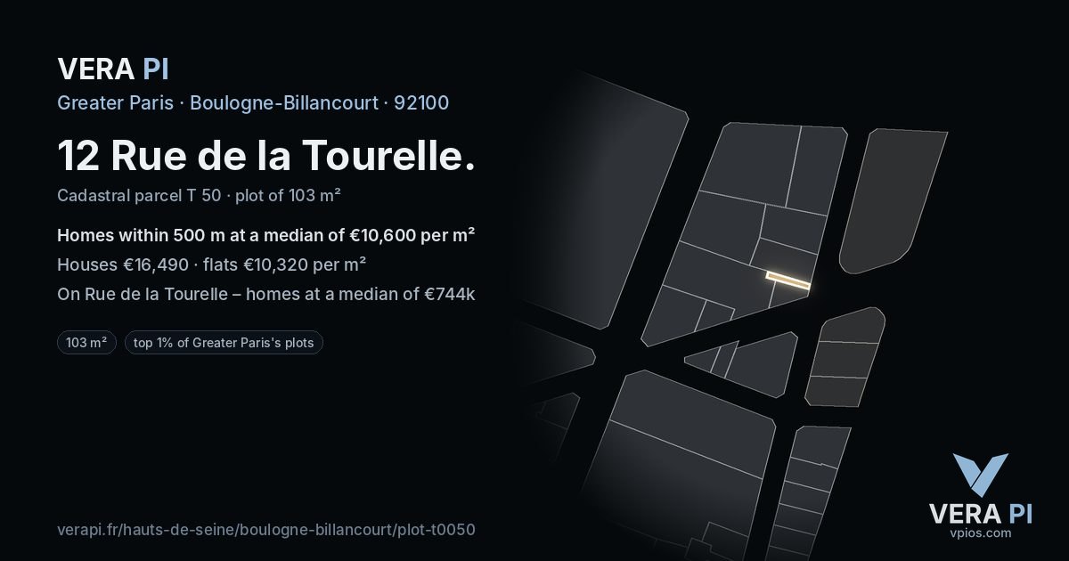 12 Rue de la Tourelle, Boulogne-Billancourt at night – the plot lit, the parcels around coloured by the prices near them