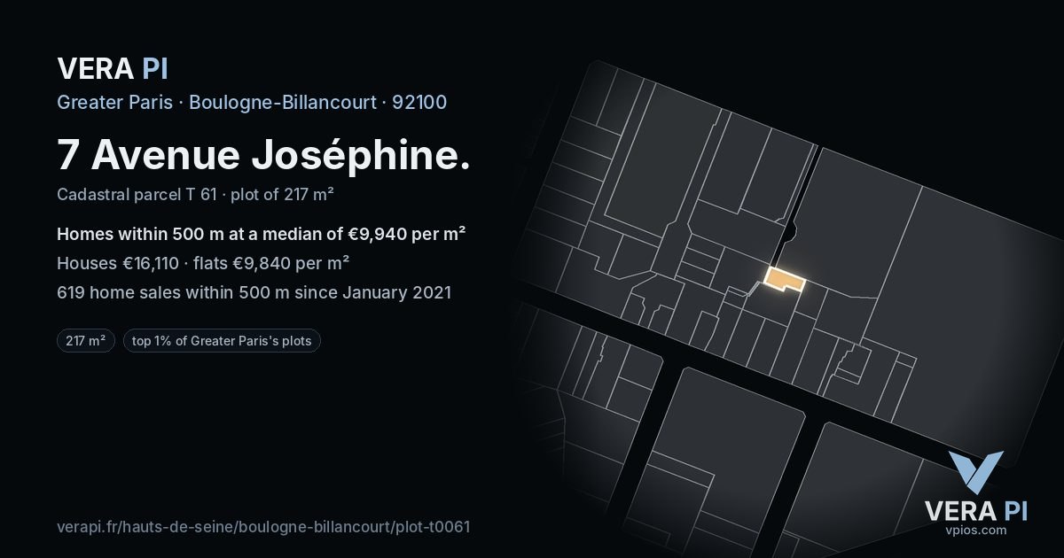 7 Avenue Joséphine, Boulogne-Billancourt at night – the plot lit, the parcels around coloured by the prices near them