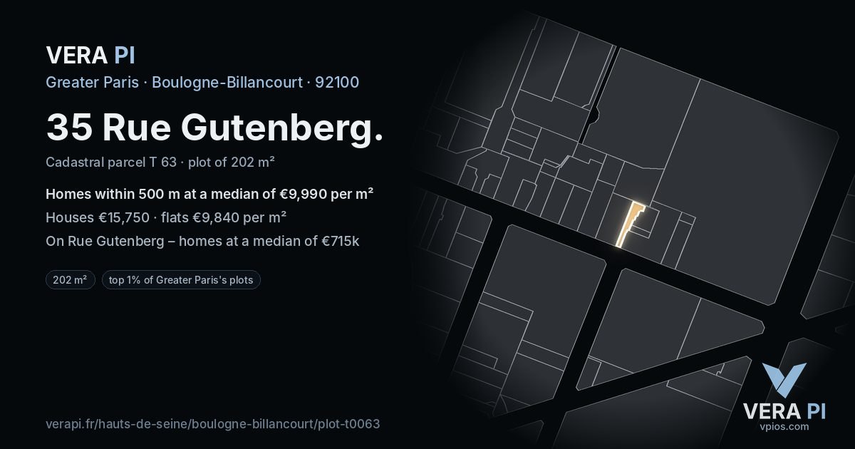 35 Rue Gutenberg, Boulogne-Billancourt at night – the plot lit, the parcels around coloured by the prices near them