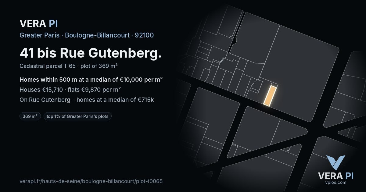 41 bis Rue Gutenberg, Boulogne-Billancourt at night – the plot lit, the parcels around coloured by the prices near them