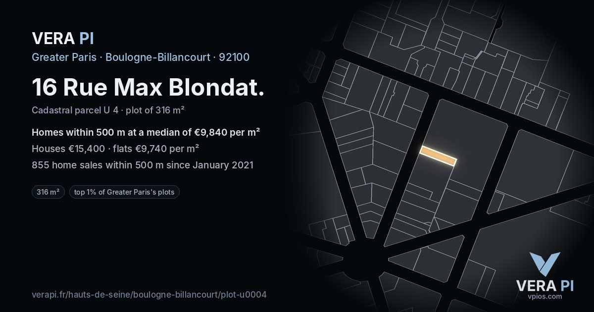16 Rue Max Blondat, Boulogne-Billancourt at night – the plot lit, the parcels around coloured by the prices near them