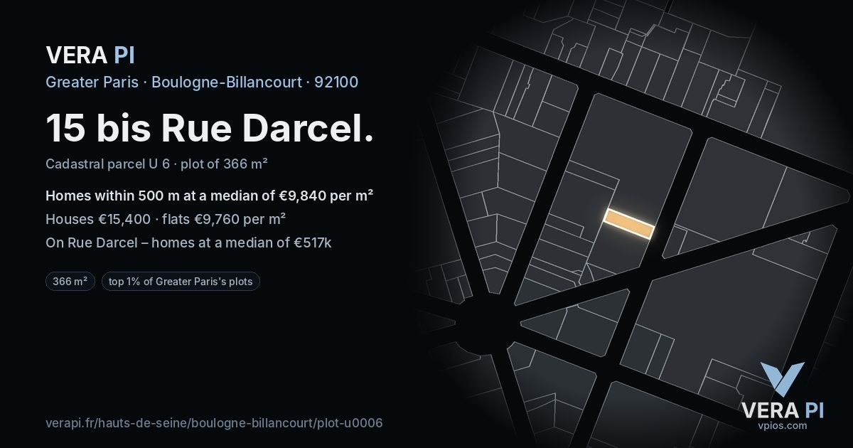 15 bis Rue Darcel, Boulogne-Billancourt at night – the plot lit, the parcels around coloured by the prices near them