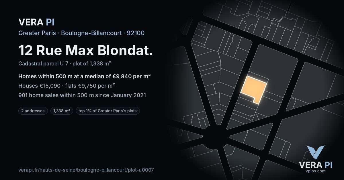 12 Rue Max Blondat, Boulogne-Billancourt at night – the plot lit, the parcels around coloured by the prices near them
