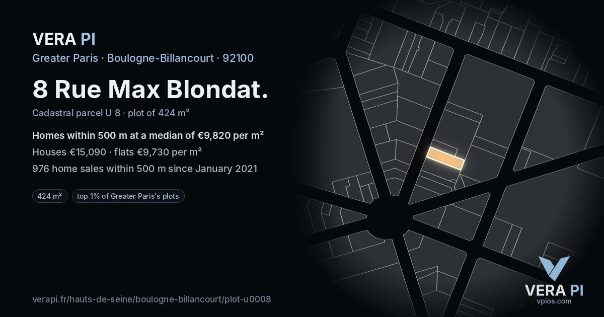 8 Rue Max Blondat, Boulogne-Billancourt at night – the plot lit, the parcels around coloured by the prices near them
