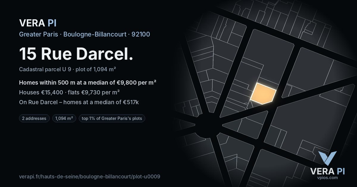15 Rue Darcel, Boulogne-Billancourt at night – the plot lit, the parcels around coloured by the prices near them