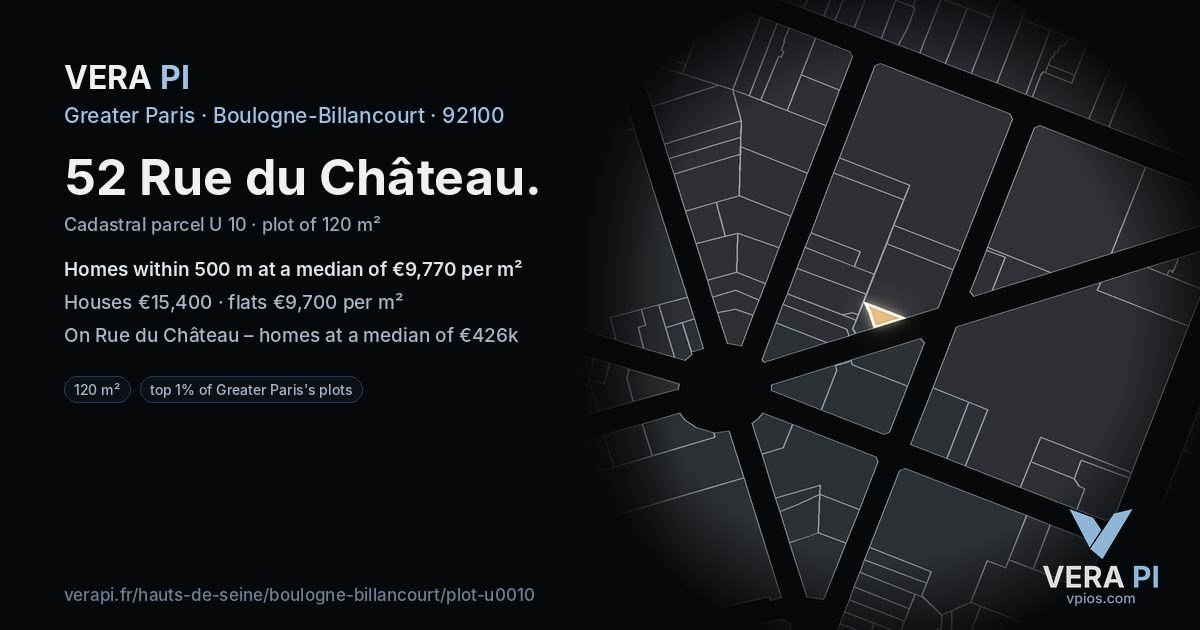 52 Rue du Château, Boulogne-Billancourt at night – the plot lit, the parcels around coloured by the prices near them