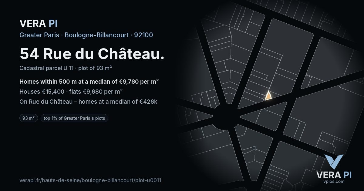 54 Rue du Château, Boulogne-Billancourt at night – the plot lit, the parcels around coloured by the prices near them