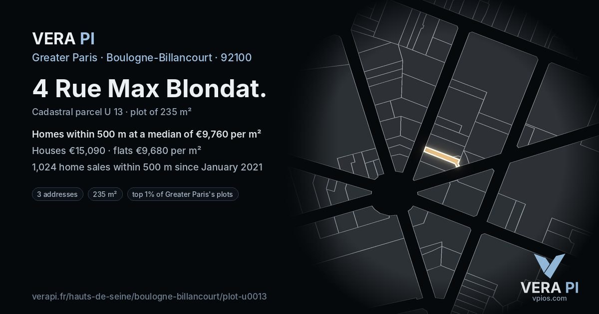 4 Rue Max Blondat, Boulogne-Billancourt at night – the plot lit, the parcels around coloured by the prices near them